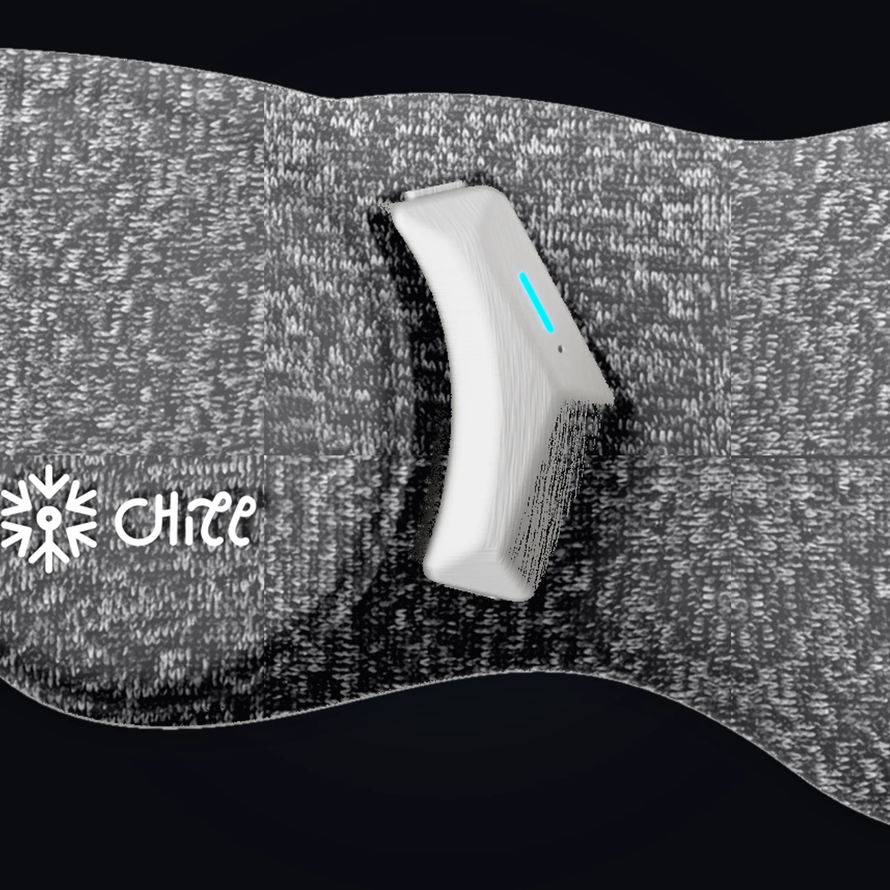 STILL control unit — forehead-bridge module with cyan status light, Bluetooth, rechargeable
